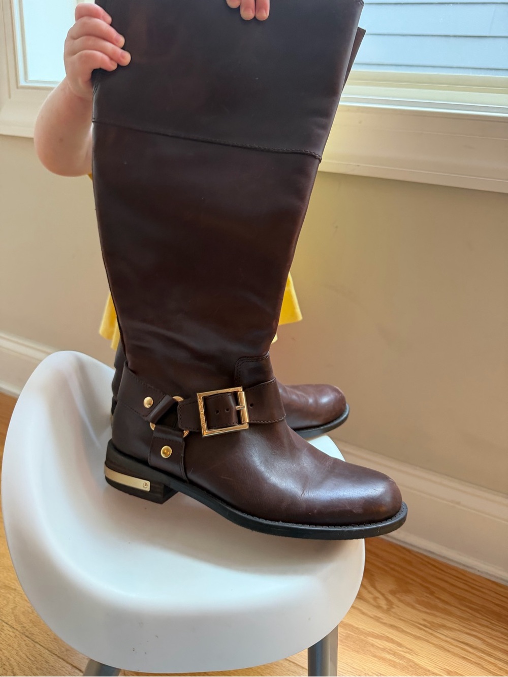 Vince Camuto Women's Dark Brown Over-the-Knee Leather Boots with Gold Buckle